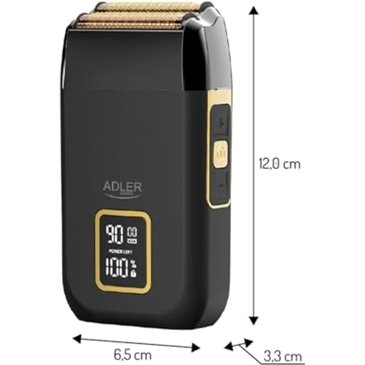 ADLER EUROPE Elektrorasierer AD 2947, Profi-Folienrasierer mit 3 Stufen, LCD-Display, USB-C, Dual-Doppelkopf, Gold/Schwarz, inkl. Reinigungsbürste und Klingenschutz – Bild 2
