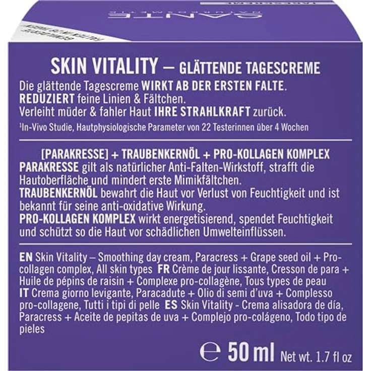 SANTE Naturkosmetik Face Skin Vitality Tagescreme, revitalisierende Feuchtigkeitspflege mit Parakresse, Traubenkernöl & Pro-Kollagen, Anti-Aging-Creme für alle Hauttypen, 50ml – Bild 4