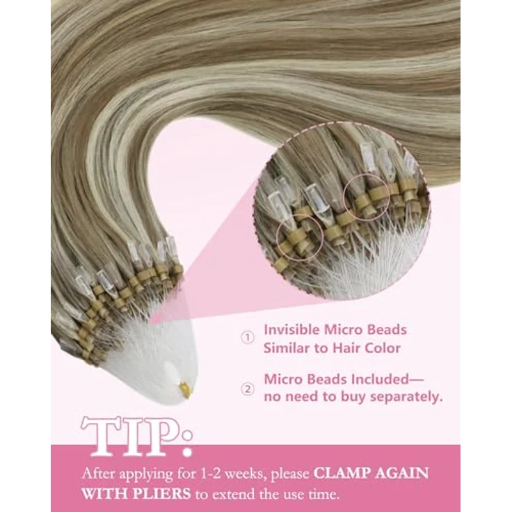 YoungSee Microring Haarverlängerung, Echthaar Extensions Hellbraun & Platinblond, 45 cm, 50g, unsichtbarer und sicherer Halt – Bild 4
