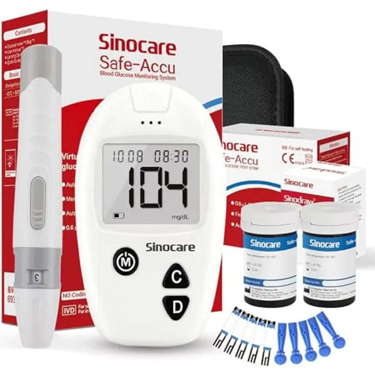 Sinocare Safe-Accu Blutzuckermessgerät Set, inklusive 50 Teststreifen, 200 Messergebnisse Speicherplatz, einfache Ein-Tasten-Bedienung