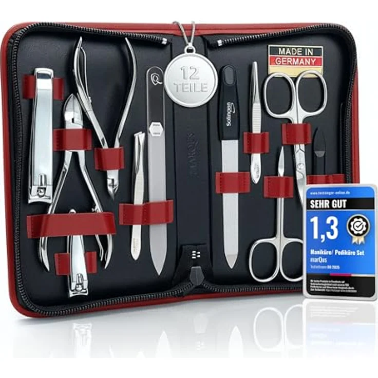marQus Solingen Maniküre-Pediküre Set 12-teilig, Echtleder Etui rot, Komplett Kit für Hand- und Fußpflege mit Glasfeile und scharfen Scheren – Bild 1