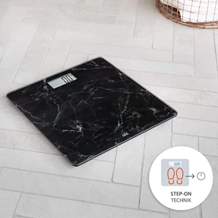 ADE Digitale Personenwaage BE 1712 Aurora in dunkler Marmor, Optik, Elektronische Badezimmerwaage mit eleganter Wiegefläche aus Sicherheitsglas zur genauen Gewichtsbestimmung bis 180 kg, Schwarz – Bild 6