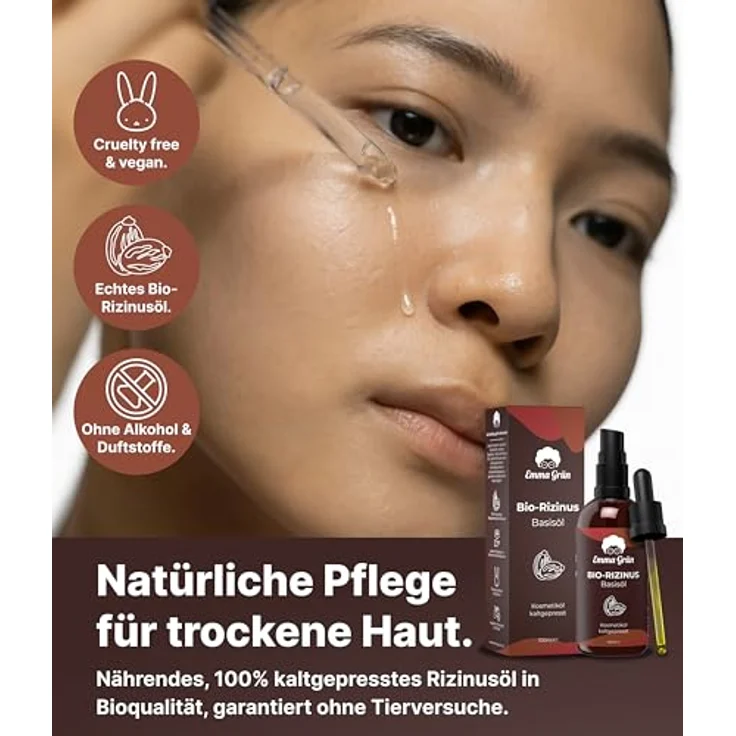 Emma Grün® Rizinus Öl Kaltgepresst 100ml - 100% reines Bio-Rizinusöl für Haare, Haut & Nagelpflege - Stärkt Wimpern & Augenbrauen - Pipette und Pumpe für präzise Dosierung - Vegan & tierversuchsfrei – Bild 2