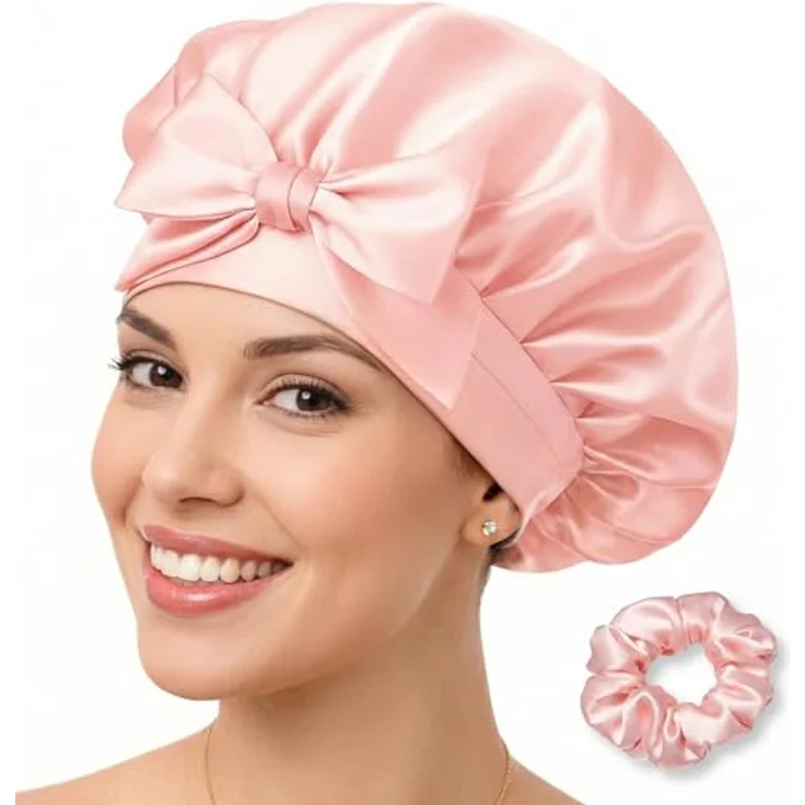 GOLDEN STAR BEAUTY Seidenhaube zum Schlafen, 100% Maulbeerseide, atmungsaktive Haarhaube mit verstellbaren Stretch-Stoffbändern, rosa – Bild 1
