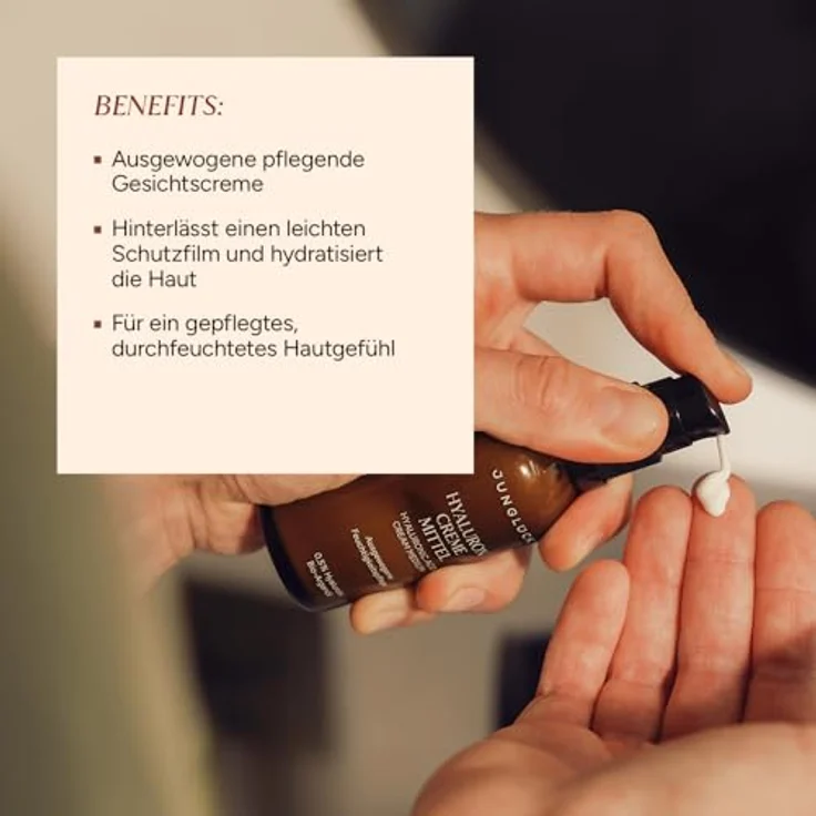 JUNGLÜCK Hyaluron Creme Hochdosiert, Anti Aging Feuchtigkeitscreme mit 0,5% Hyaluronsäure, BIO Aloe Vera & BIO Arganöl, Tages- & Nachtcreme gegen Trockenheitsfältchen – Bild 4