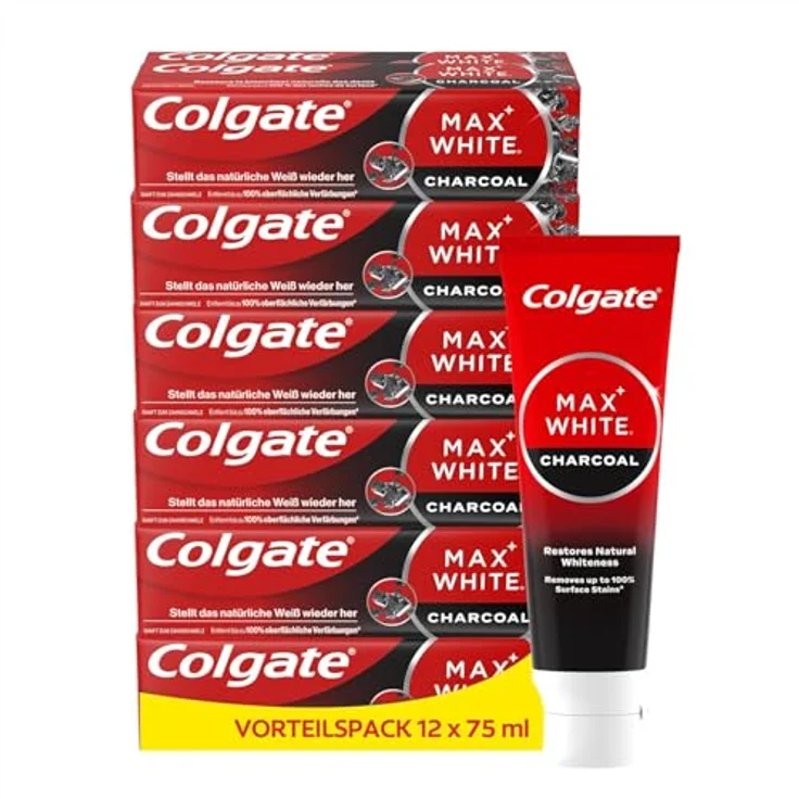 Colgate Max White Charcoal Zahnpasta, 75ml, mit Aktivkohle zur Entfernung oberflächlicher Verfärbungen, zahnschmelzverträglich – Bild 1