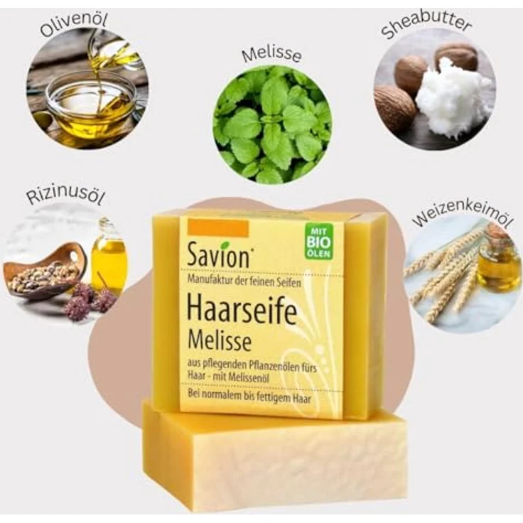 Savion 4+1 Bio Haarseife Melisse | Natürliche Haarpflege für mehr Fülle & Glanz | Vegan & Nachhaltig | Für Normales bis Leicht Fettendes Haar | Made in Germany 5x 85gr – Bild 3