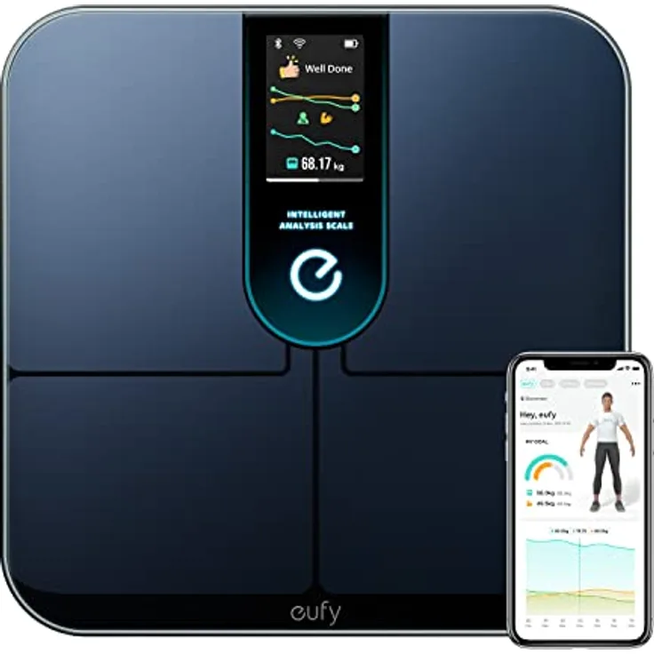eufy Wi-Fi Fitness Tracking Smart Scale P3, Digitale Personenwaage mit 16 Messungen, Herzfrequenz, BMI und 3D Virtual Body Mode, Bluetooth, Schwarz