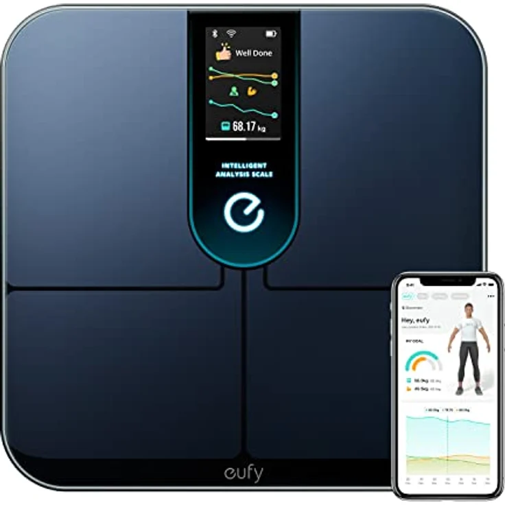 eufy Wi-Fi Fitness Tracking Smart Scale P3, Digitale Personenwaage mit 16 Messungen, Herzfrequenz, BMI und 3D Virtual Body Mode, Bluetooth, Schwarz – Bild 1
