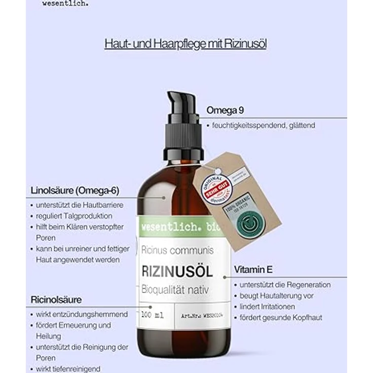 wesentlich. Rizinusöl BIO kaltgepresst 100ml - zur Pflege von Wimpern und Augenbrauen - Haut und Haar – Bild 5