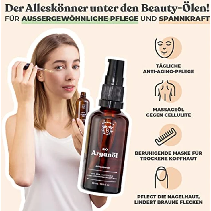 Bionoble Arganöl Bio 50ml - 100% Rein, Natürlich und Kaltgepresst - Gesicht, Körper, Haar, Bart, Nägel - Vegan und Cruelty Free - Argan Oil - Glasflasche + Pipette + Pumpe – Bild 2