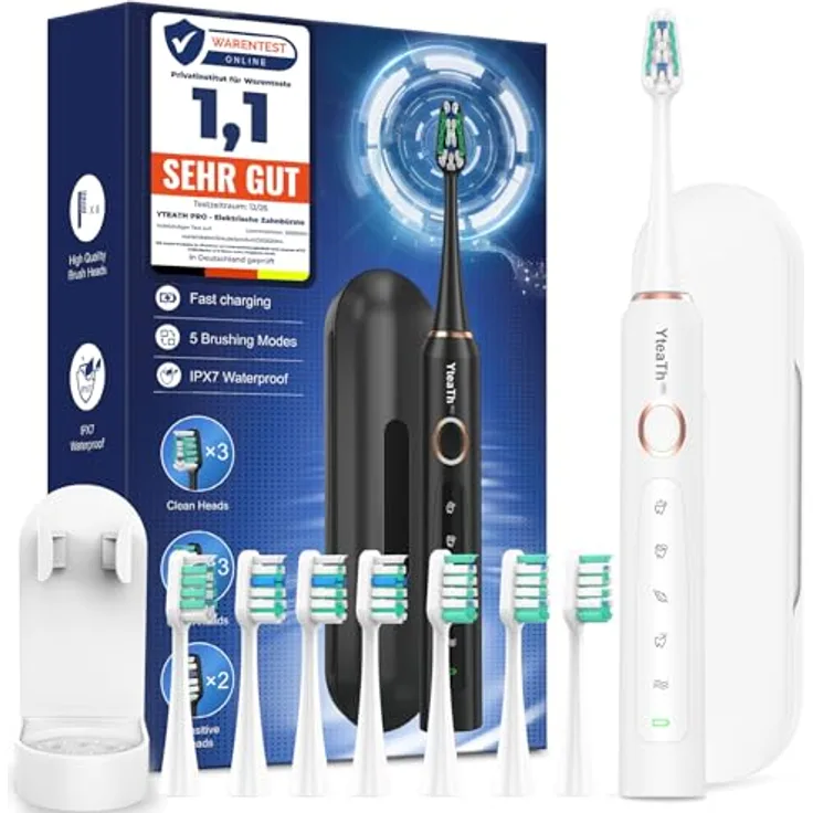YTEATH PRO Elektrische Schallzahnbürste, 8 Bürstenköpfe, 5 Modi, 90 Tage Akkulaufzeit, 2-Minuten-Timer, Reiseetui
