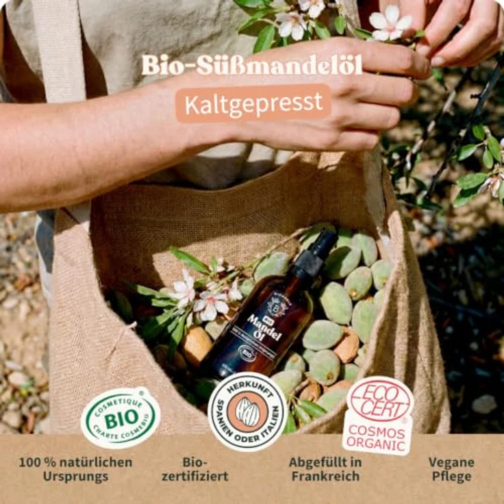 BIONOBLE Mandelöl Bio Kaltgepresst, 100ml, mehrfach einsetzbar für Baby, Massage, Haut- und Haarpflege, vegan, 100% natürlich – Bild 4