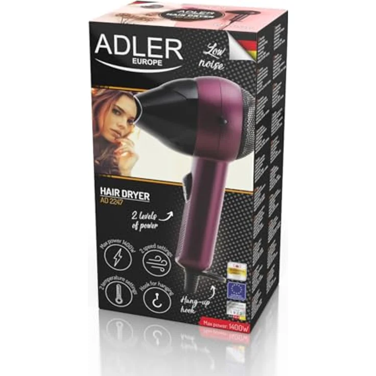 Adler AD 2247 Haartrockner, 1400 Watt, Reiseföhn, 2 Leistungsstufen, lila – Bild 9