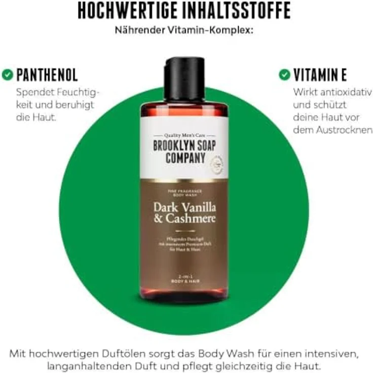 Brooklyn Soap Company Duschgel für Männer 5x300ml - 2-in-1 Fine Fragrance Body Wash mit Dark Vanilla & Cashmere Duft, angereichert mit Vitamin E und Panthenol – Bild 4