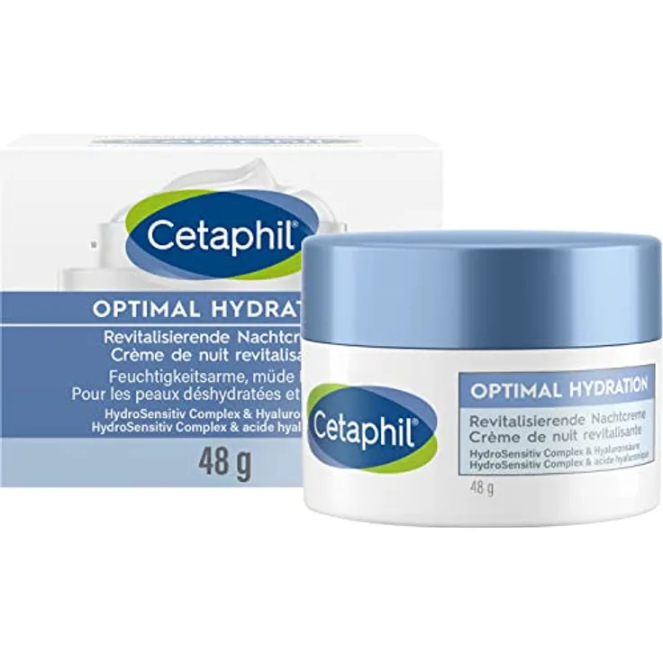 Cetaphil Optimal Hydration Revitalisierende Nachtcreme, 48g, mit Glycerin, Hyaluronsäure & Jojobaöl, spendet 24h Feuchtigkeit.