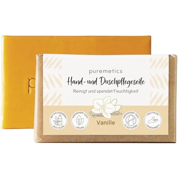 puremetics Hand- und Duschpflegeseife Vanille, vegane feste Seife für alle Hauttypen, 75 g – Bild 1