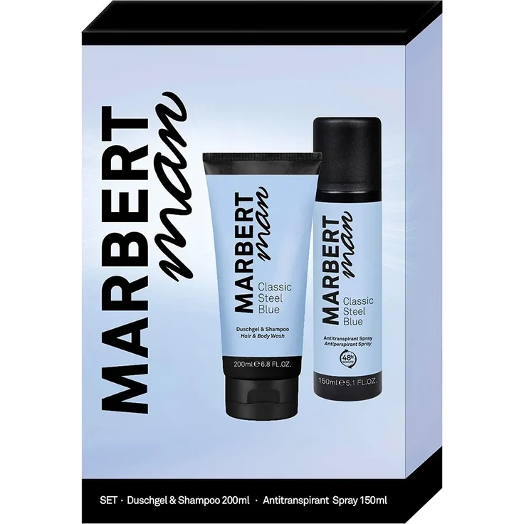Marbert Man classic Steel Blue Geschenk-Box, Duschgel 200 ml und Antitranspirant Deo Spray 150 ml, 48 h Schutz, klassisch-maskuliner Duft