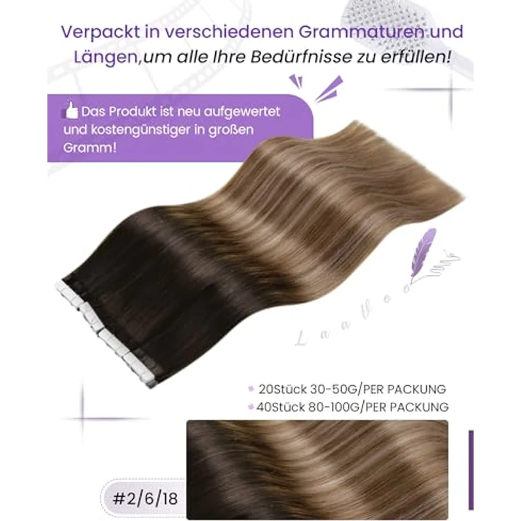 LaaVoo Balayage Echthaar Tape in Extensions, 100% Remy Echthaar, Dunkelstes Braun bis Hell Goldbraun, 20 Strähnen, 50g, 35cm – Bild 3