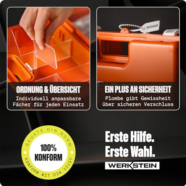 Werkstein Erste-Hilfe-Koffer DIN 13169:2021 - Verbandskasten mit Wandhalterung, 5x Aufkleber, Gesichtsmasken, Feuchttücher & Plombe, 1 St - Erste Hilfe Koffer für Betriebe, Einrichtungen & Zuhause – Bild 5
