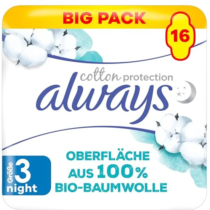 Always Ultra Binden Damen Gr. 3, Night, 16 Binden mit Flügeln, 100% Bio-Baumwolle, sicherer Schutz, ohne Duftstoffe und Farbstoffe – Bild 1