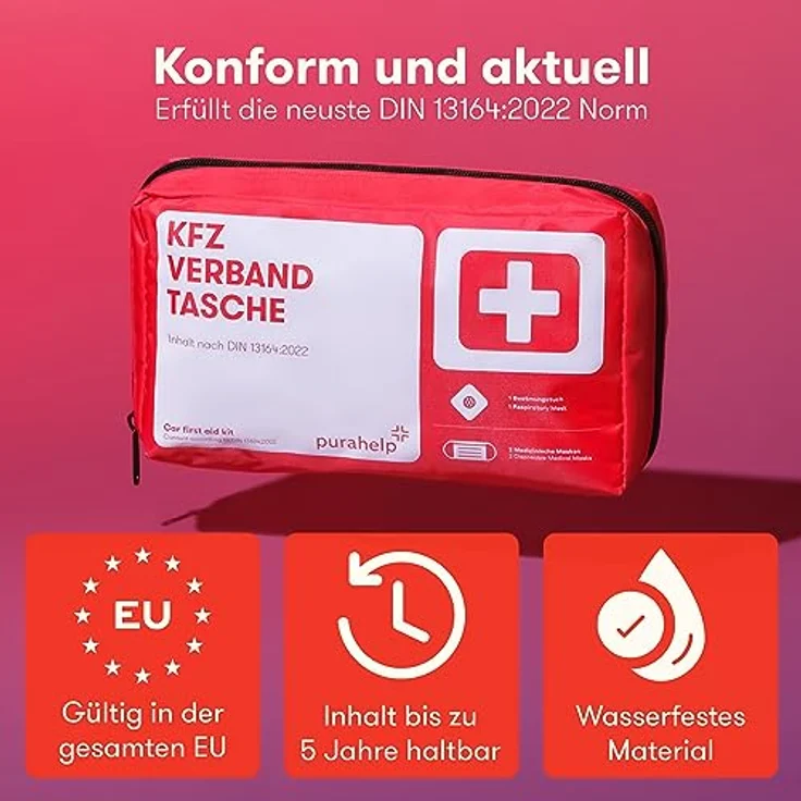 PURAHELP KFZ Verbandstasche 2024 - DIN 13164 konform - Inkl. Beatmungstuch - Erste Hilfe Set Auto, StVO konform – Bild 2