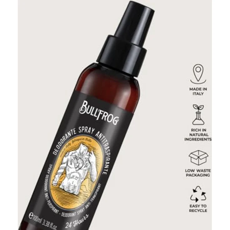 Bullfrog Antitranspirant-Deodorant-Spray, 97,4% natürliche Inhaltsstoffe, würziger und frischer Duft, langlebig, 100 ml, hergestellt in Italien – Bild 2
