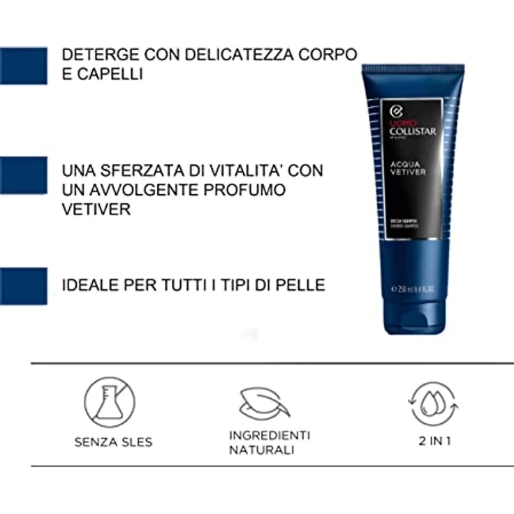 Collistar Acqua Vetiver Duschgel-Shampoo für Männer, reinigt Körper und Haare, pflegt und spendet Feuchtigkeit, ohne SLES, 250 ml – Bild 2