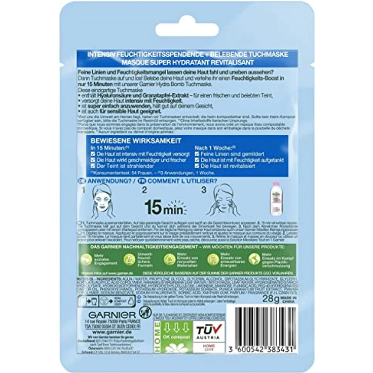 Garnier Tuchmaske, Gesichtsmaske für feuchtigkeitsbedürftige Haut, Revitalisierend und feuchtigkeitsspendend, Mit Hyaluronsäure und Granatapfel-Extrakt, Hydra Bomb, 28 g – Bild 2