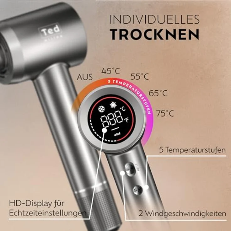 Ted Hilley Ionen Föhn mit Diffusor & High-Speed Motor, 5× schnellerer Haartrockner mit 5 Heizstufen, 2 Geschwindigkeiten, HD-Display, leicht & kompakt für Reisen – Bild 5