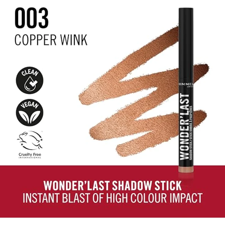 Rimmel London Wonder'Last 003 Copper Wink Lidschattenstift, vibrierende und beeindruckende Farbe, einfach aufzutragen, angenehme Textur, ultra-cremige Formel, vegane Formel, 1,64 g – Bild 2