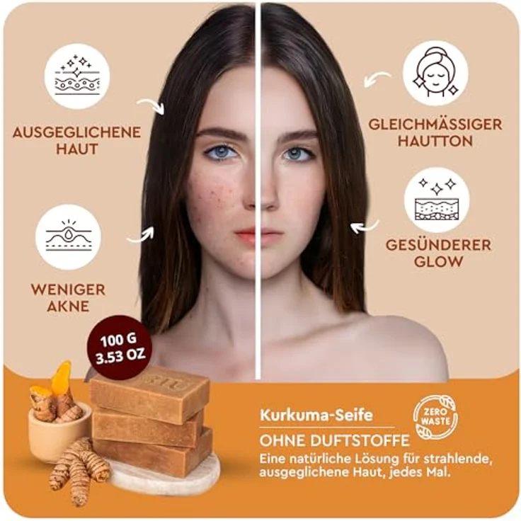 lubiu Kurkuma Seife Stück 100g - Antibakterielle Gesichtsseife gegen Pickel, natürliche Pflege für ebenmäßigen Hautton und strahlende Haut – Bild 3