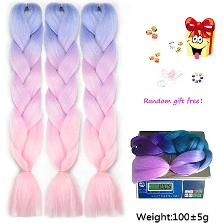 Shangxiu 3 Packs Kunsthaar zum Einflechten, Jumbo Braids Extension 24", Ombre Synthetisches Flechthaar in Blau/Hellviolett/Rosa – Bild 5
