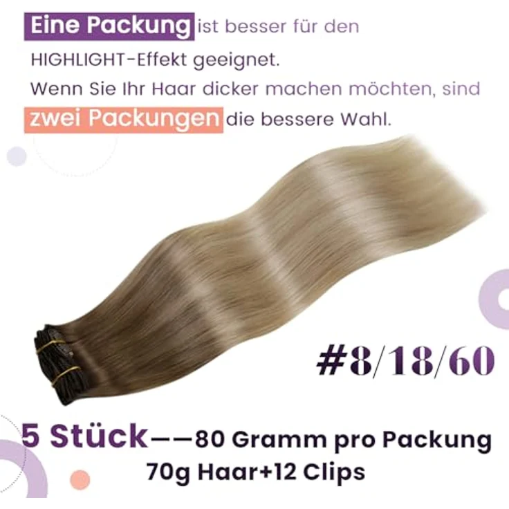 LaaVoo Echthaar Clip in Extensions 40cm Ombre Balayage, Hellbraun bis Dunkel Aschblond mit Platinblond, 70g/5PCS, Remy Haarverlängerung glatt – Bild 3