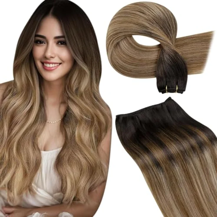 LaaVoo Haartressen Braun Echthaar zum Einnähen, Balayage Ombre Extensions, 80g #2/6/18, 35cm Remy glatt – Bild 1