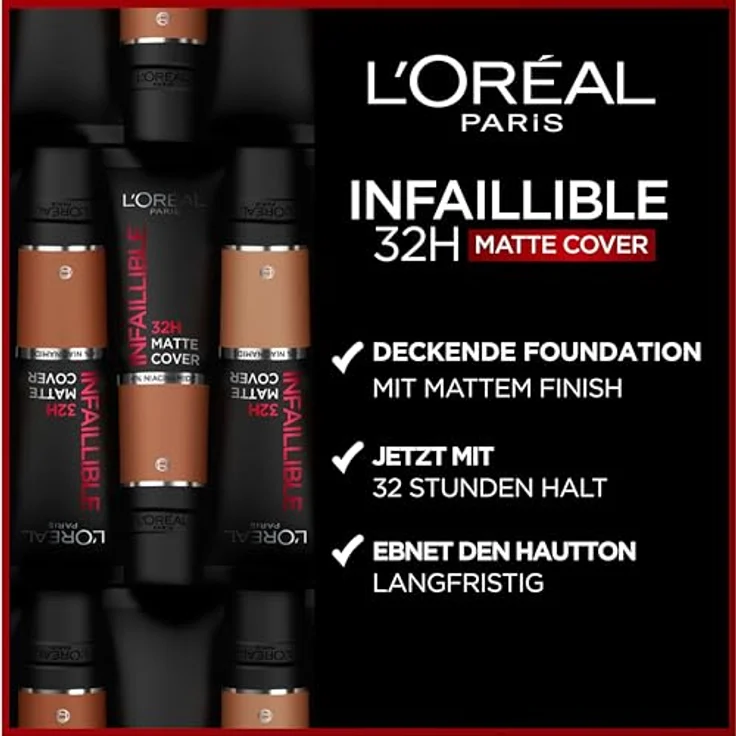 L'Oréal Paris Make up, Wasserfest und langanhaltend, Mattierende, flüssige Foundation mit hoher Deckkraft, Formel mit 4% Niacinamiden, Infaillible 32H Matte Cover, Nr. 320 Cool, 1 x 30 ml – Bild 2