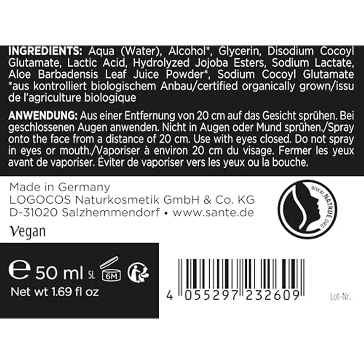 SANTE Gesichtsgel Long Lasting Fixing Spray Pro, 50 ml, mit Aloe Vera Puder und Bio-Zutaten – Bild 2