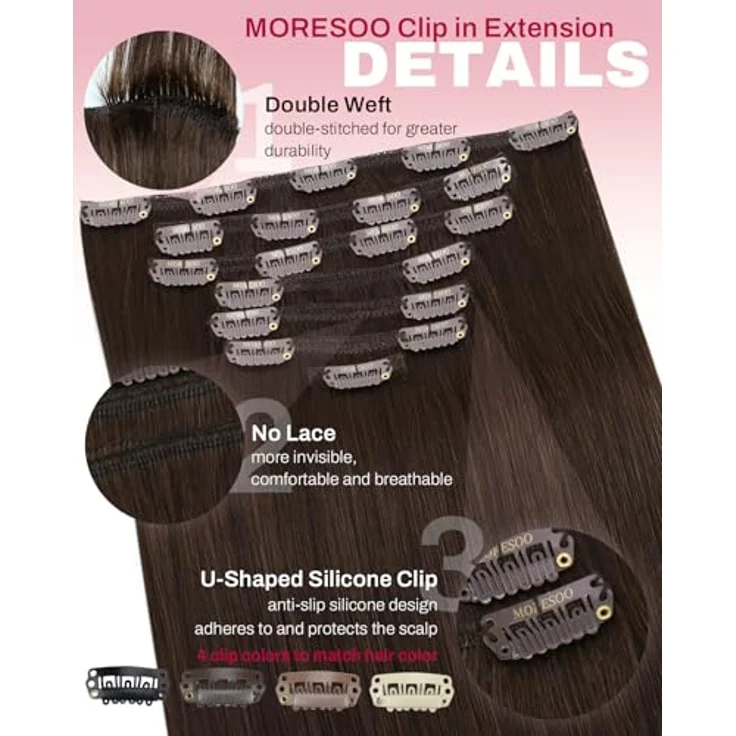 Moresoo Clip in Extensions Echthaar Dunkelbraun, 55 cm, 120g, 7 Stück, mit Edelstahlclips und optimalem Tragekomfort – Bild 4