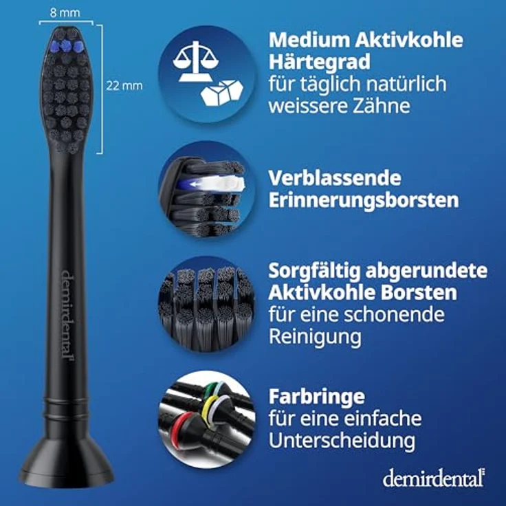 Demirdental 8er-Pack Aufsätze für Philips Sonicare Zahnbürstenaufsatz mit Aktivkohle, Medium Härte, Schwarz, HX9058mb – Bild 5