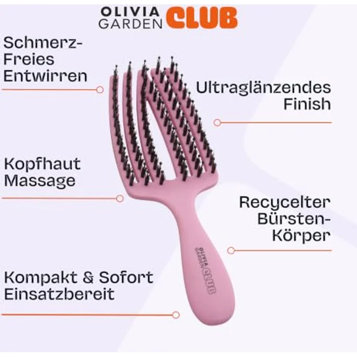 Olivia Garden Club THE NOMAD Detangling & Shine Fingerbrush, Pink Detangler-Bürste mit Naturborsten und ergonomischem Griff, für nasses und trockenes Haar – Bild 5