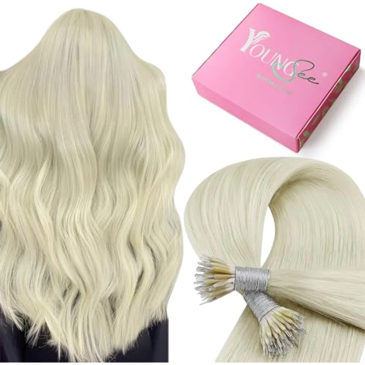 YoungSee Nanoring Extensions, Echthaar Blond 50cm, 50g, Platinblond, schonende Anwendung ohne Kleber und Hitze, ideal für feines Haar – Bild 1