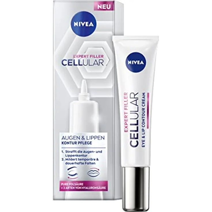 NIVEA Cellular Expert Filler Augen & Lippen Konturpflege (15 ml), straffende Anti Falten Augencreme mit Hyaluron und purer Folsäure, feuchtigkeitsspendende Lippenpflege