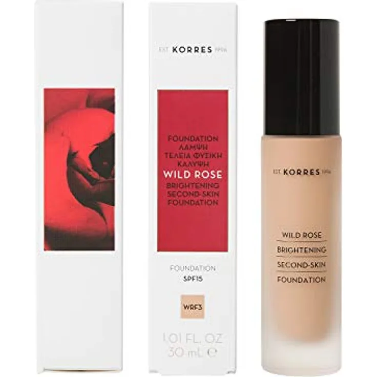 KORRES Wild Rose Foundation WRF3, Make-Up mit Wildrosenöl und Super Vitamin C für einen frischen, jungen Teint, vegan, 30 ml