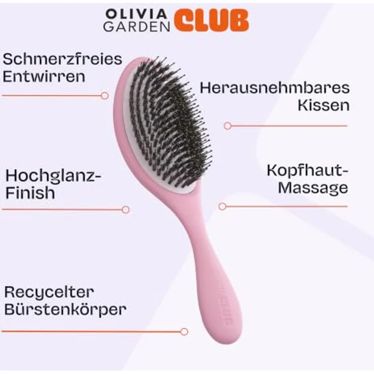 Olivia Garden Club THE RESET CUSHION Detangling & Shine Hairbrush, pink, mit Wildschwein- und Nylonborsten, ergonomischer Form, abnehmbares Kissen zur einfachen Reinigung – Bild 6