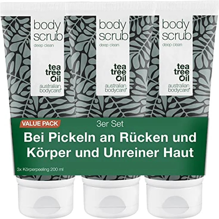 Australian Bodycare 3x Körperpeeling 200ml mit Teebaumöl | Gegen Pickel, unreine Haut, eingewachsene Haare, Reibeisenhaut und Erdbeerbeine | 100% natürlich und vegan | Dermatologisch getestet – Bild 1