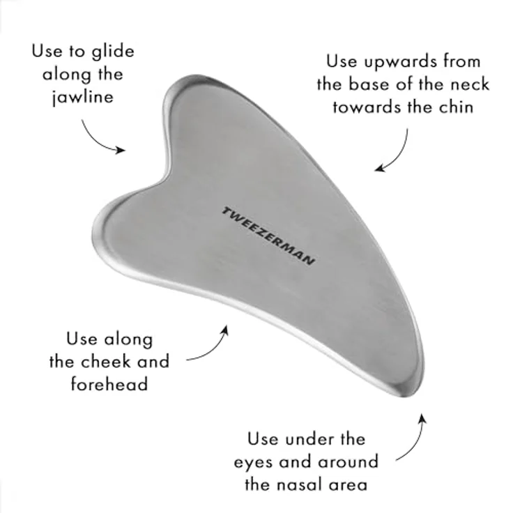 TWEEZERMAN Gesichtsmassager (Gua Sha Stein für Gesicht Augen Anti Aging, Rostfreier Edelstahl, Gesichtspflege), Silber – Bild 4