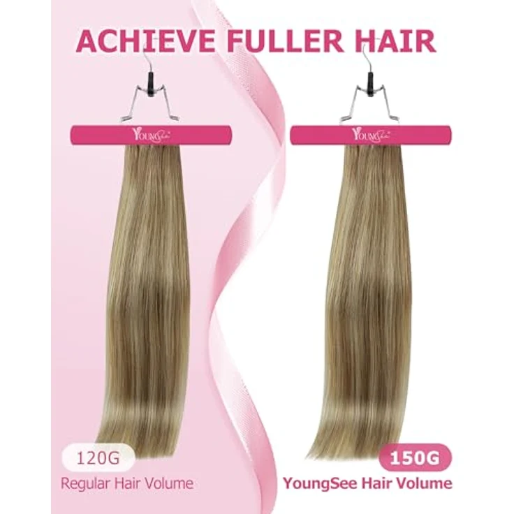 YoungSee Echthaar Extensions Clip Ombre 40 cm, Remy Haarsystem in Hellbraun mit Blond, 120g, Hitzebeständig, Schnellmontage ohne Werkzeug – Bild 3