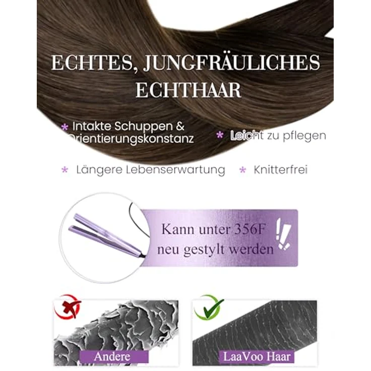 LaaVoo Echthaar Extensions mit Keratin Bondings, Braun #4, Hot Fusion Utips Remy Haarverlängerung, 1g/s, 50g – Bild 4