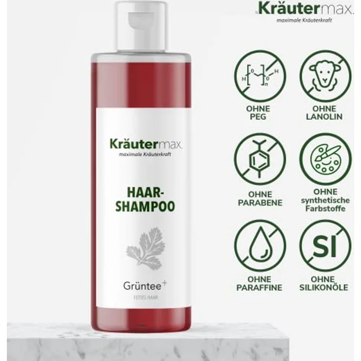 Kräutermax Grüntee Shampoo Grüner Tee Extrakt zur Reinigung der Haare 1 x 250 ml, beruhigt Talgdrüsen, verringert Nachfetten, ohne Paraffine und Vaseline, hochdosiert ohne synthetische Farbstoffe, ohne Silikonöle – Bild 2