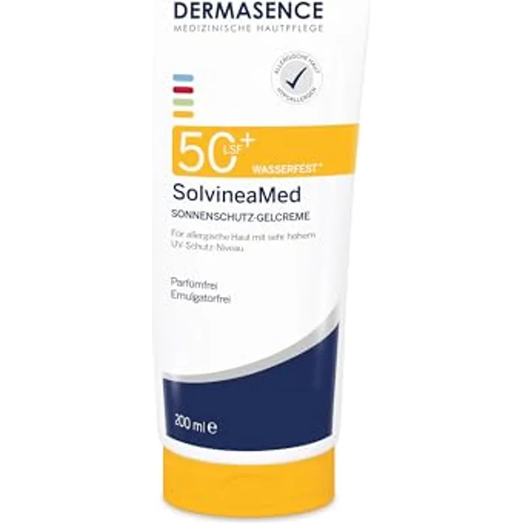 DERMASENCE SolvineaMed Sonnenschutz-Gelcreme LSF50plus, 200 ml - Wasserfest, für allergische Haut, ölfrei, UVA- und UVB-Schutz, hypoallergen